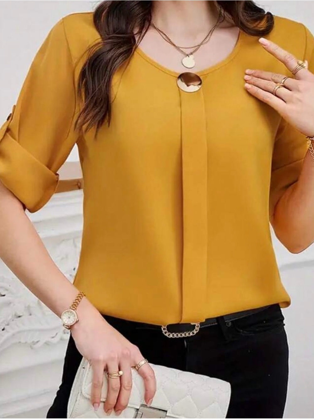 SHEIN Mustard Yellow Keyhole Roll-Sleeve Blouse